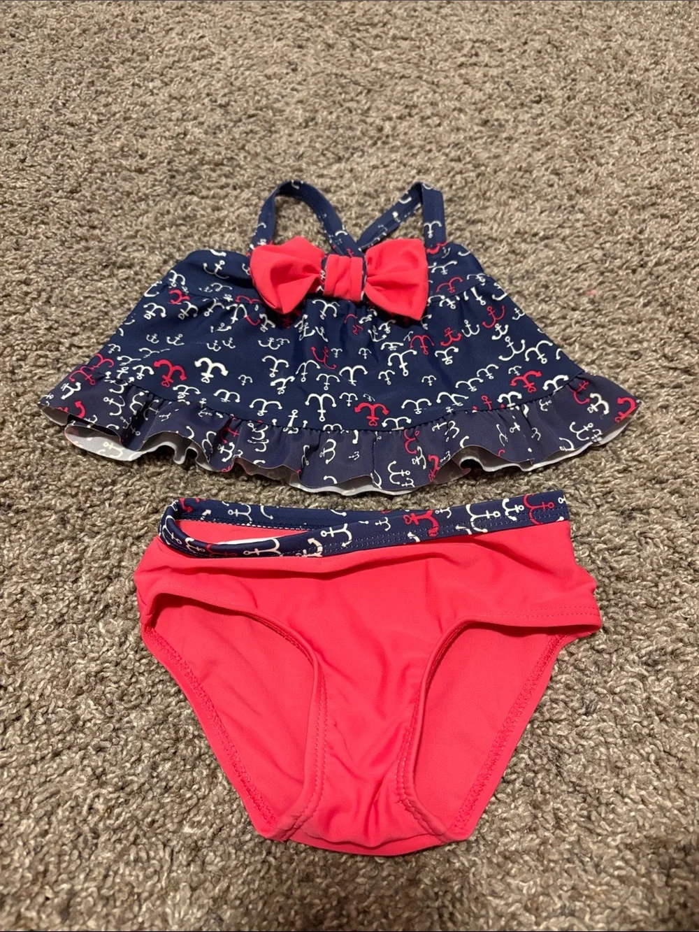 Baby Navy Anchor Ruffle Tankini with Bright Pink Bottoms